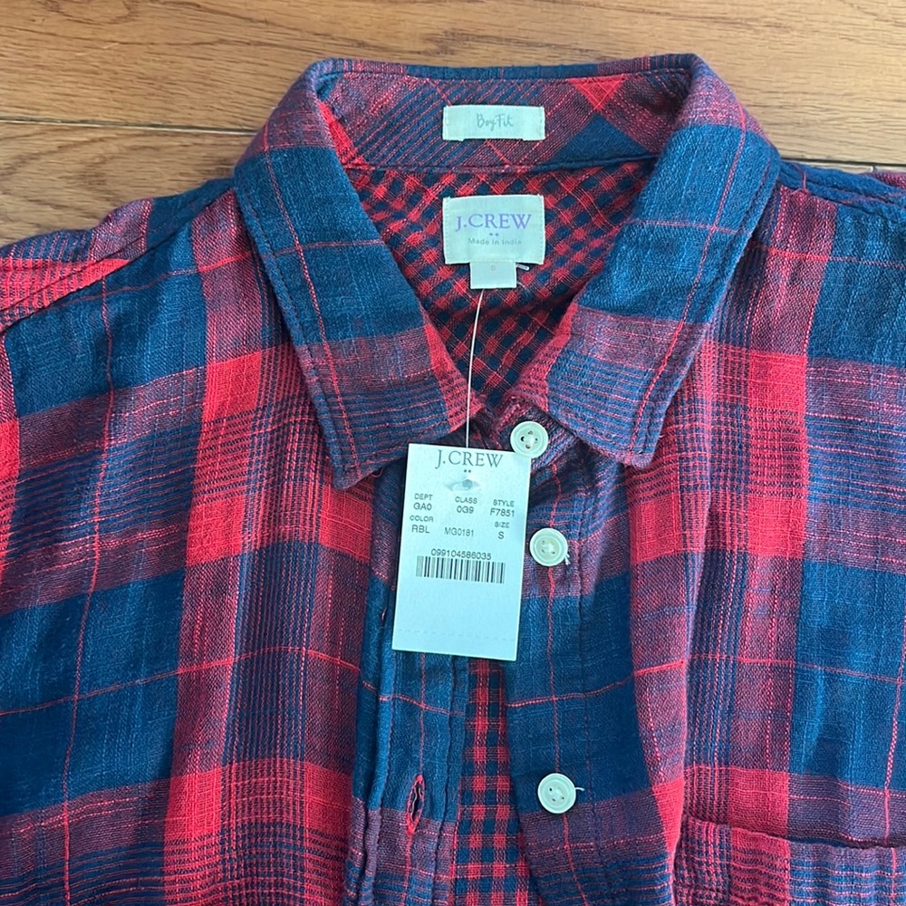 J Crew navy blue + red flannel.  Boy fit, size small